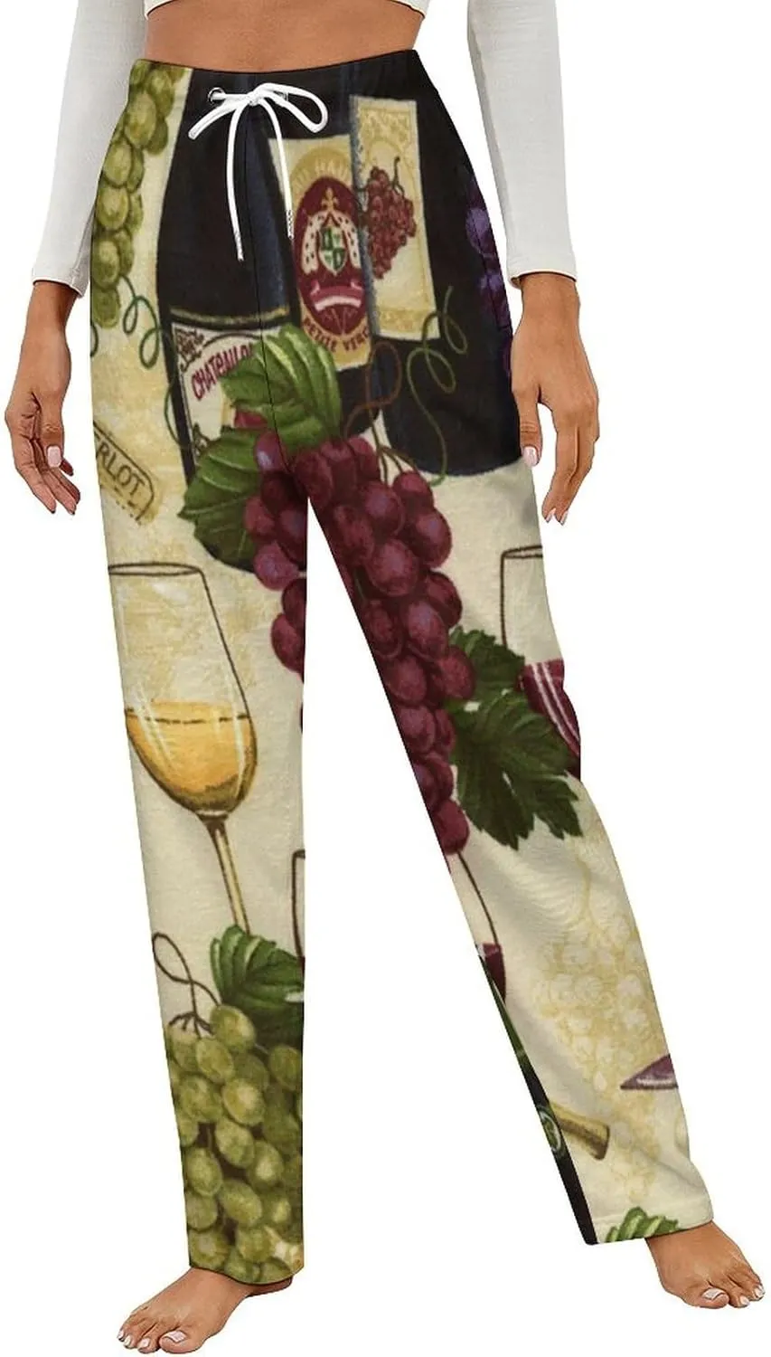 Wine Bottle And Grape Women's Flannel Pajama Pants Fleece Lounge Sleep Bottoms PJ