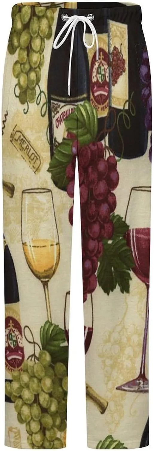 Wine Bottle And Grape Women's Flannel Pajama Pants Fleece Lounge Sleep Bottoms PJ