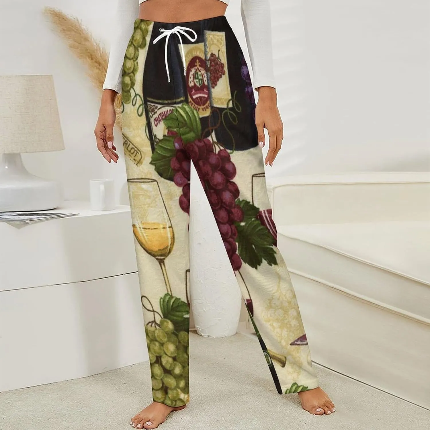 Wine Bottle And Grape Women's Flannel Pajama Pants Fleece Lounge Sleep Bottoms PJ