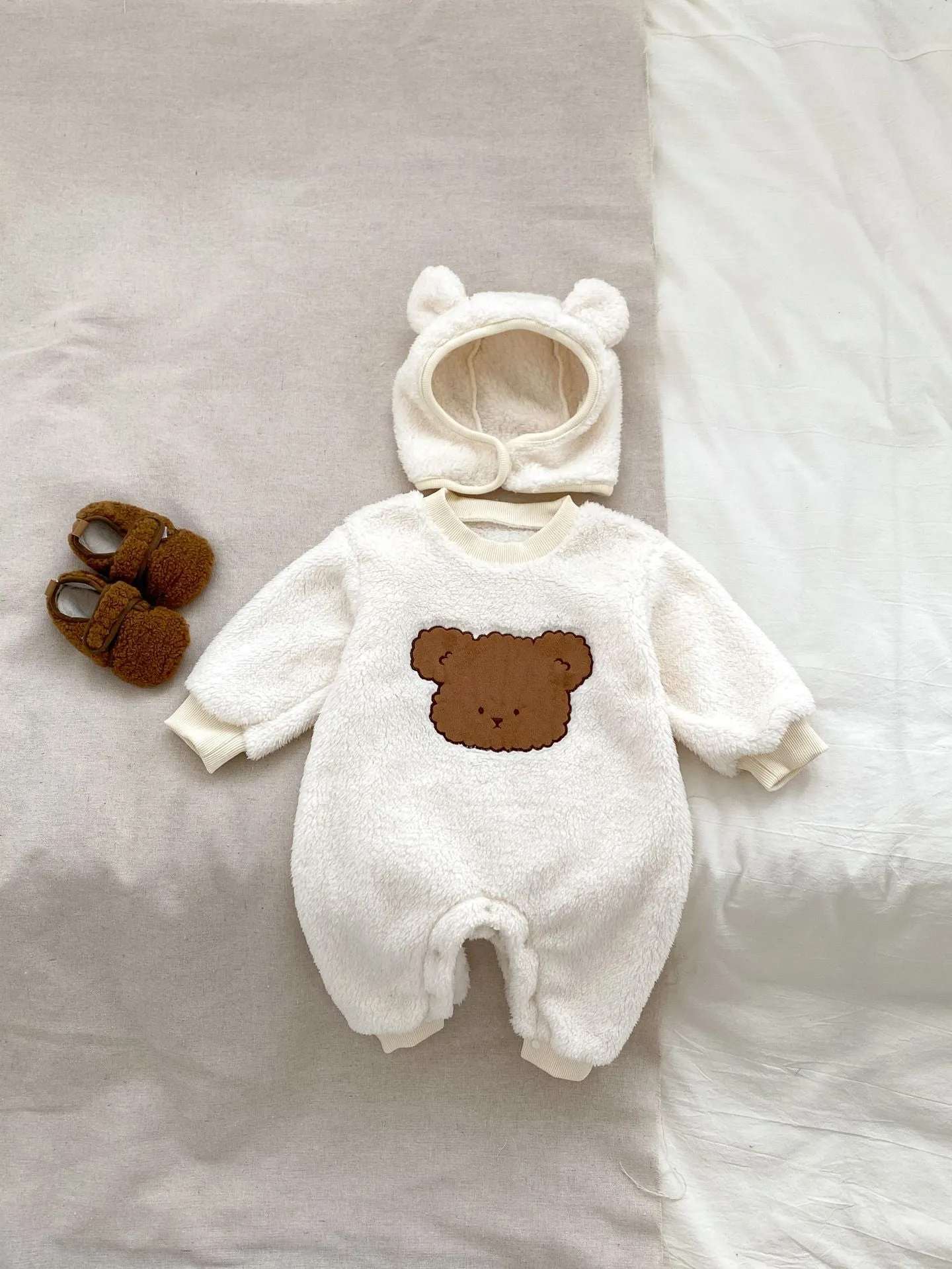Winter Infant Baby Lovely Teddy Bear Cartoon Pattern Thermal Pajamas Romper