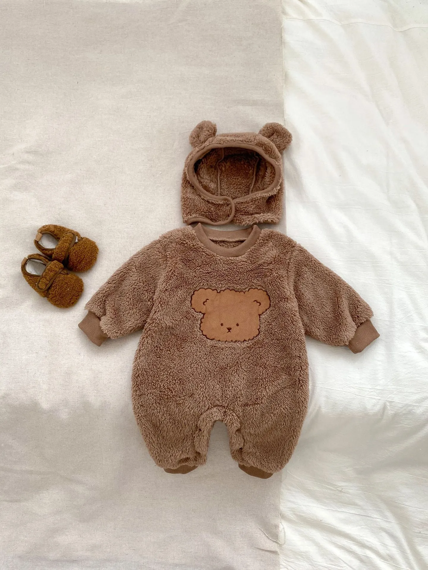 Winter Infant Baby Lovely Teddy Bear Cartoon Pattern Thermal Pajamas Romper