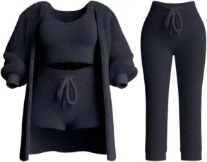 Winter Knit Set 4-Piece for Women,Soft Cozy Knit Loungewear Sets Women's Lounge Sets Cardigan Coat Vest Shorts Trousers