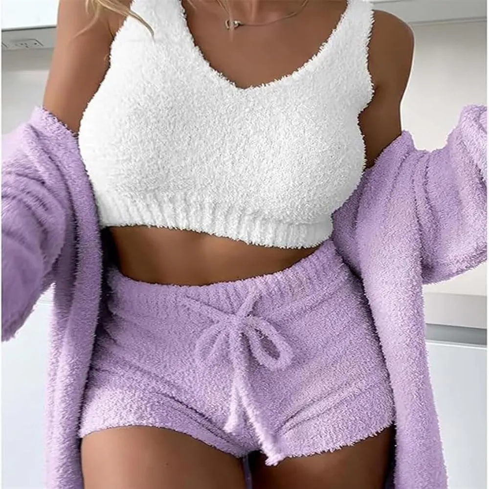Winter Knit Set 4-Piece for Women,Soft Cozy Knit Loungewear Sets Women's Lounge Sets Cardigan Coat Vest Shorts Trousers