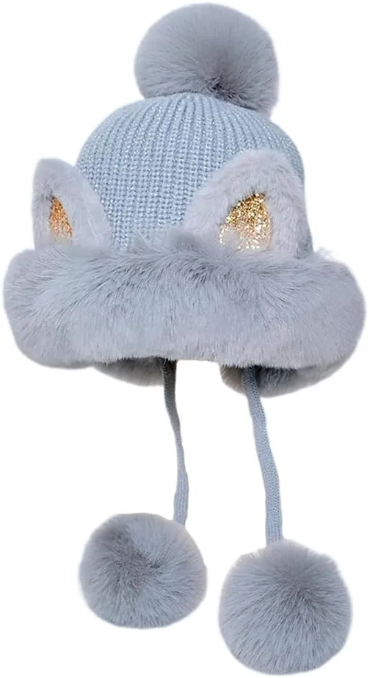 Winter Pompom Beanie Hats for Women Fluffy Knit Womens Beanie Cap Warm Bucket Cute Animal Ears with Pompoms, Gray