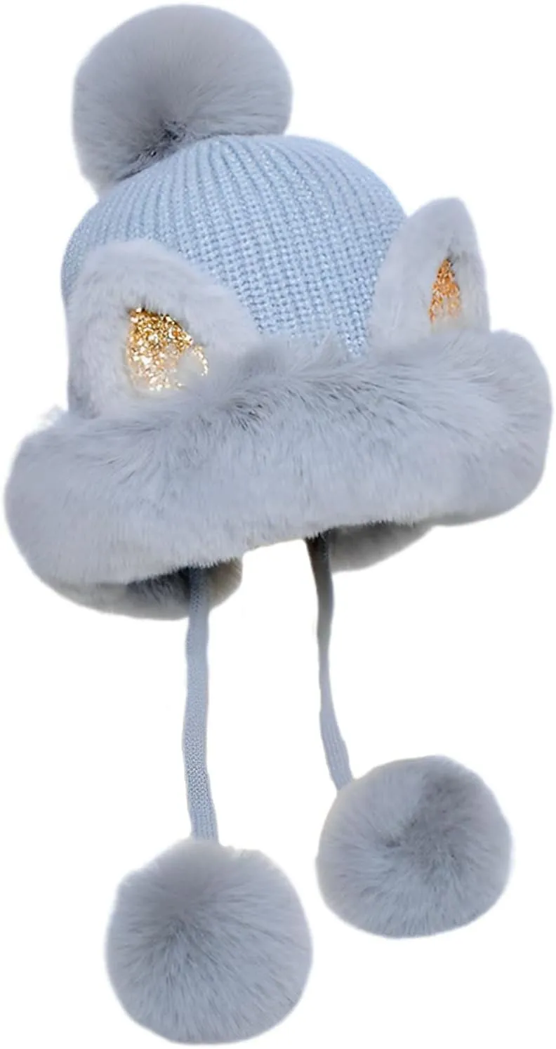 Winter Pompom Beanie Hats for Women Fluffy Knit Womens Beanie Cap Warm Bucket Cute Animal Ears with Pompoms, Gray