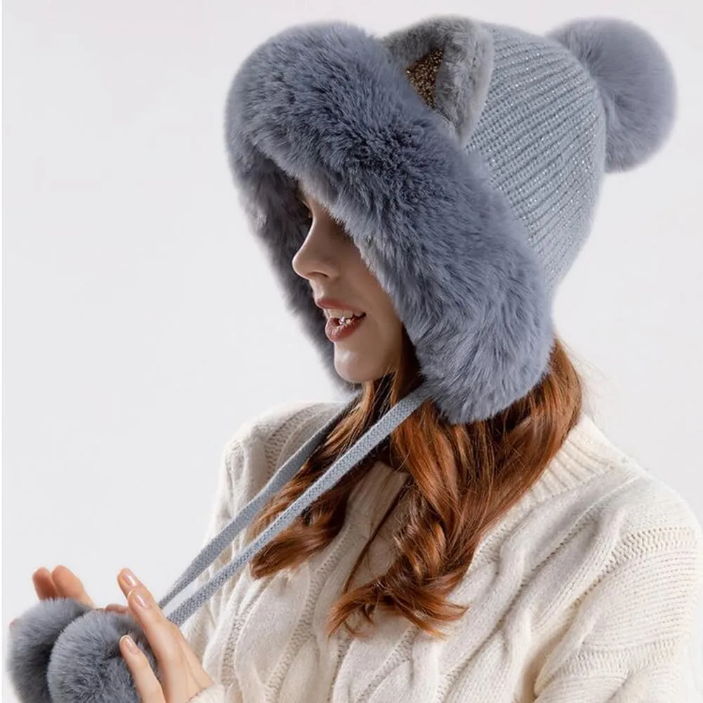 Winter Pompom Beanie Hats for Women Fluffy Knit Womens Beanie Cap Warm Bucket Cute Animal Ears with Pompoms, Gray