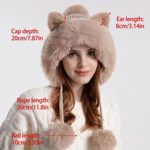 Winter Pompom Beanie Hats for Women Fluffy Knit Womens Beanie Cap Warm Bucket Cute Animal Ears with Pompoms, Gray