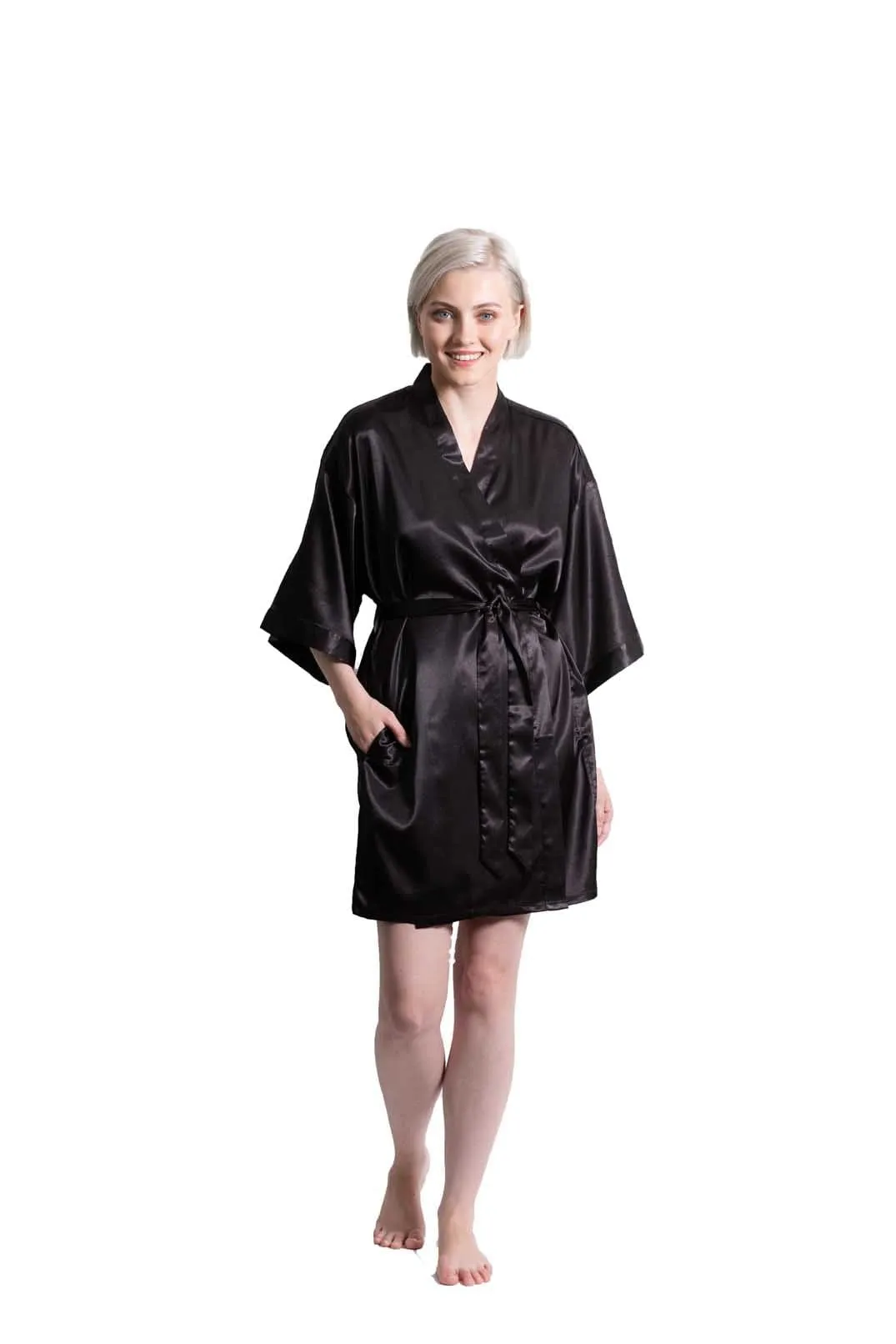 Woman’s Satin Kimono Short Robe, Luxury & Lightweight, Comfortable Robe, (Black)