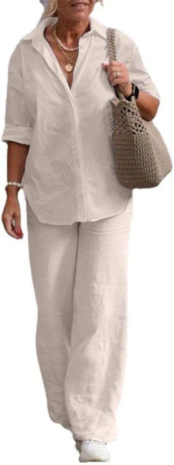 Women 2 Piece Cotton Linen Outfits Casual Loose Roll Sleeve Button Tops High Waist Wide Leg Pants Vacation Outfits