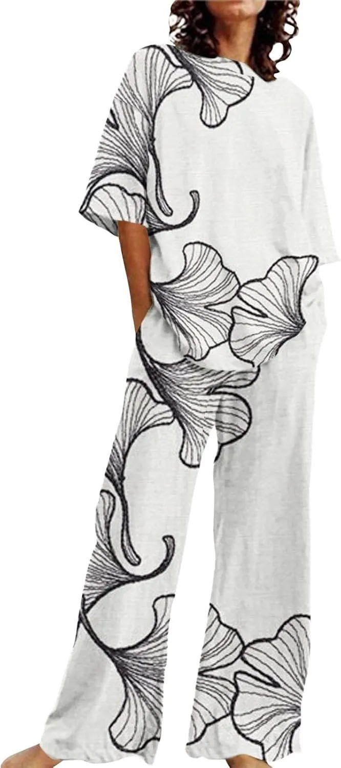 Women 2 Piece Lounge Pajamas Sets Summer Outfits for Women 2 Cotton Linen Set Soft Button Down Loungewear Pjs Set