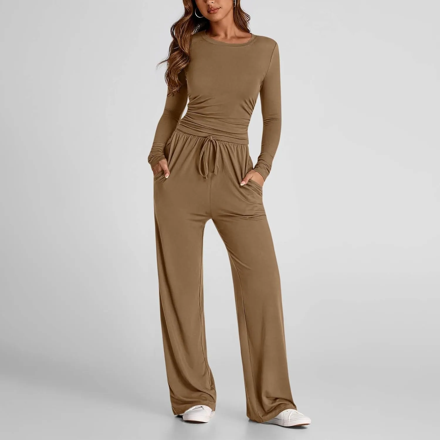 Women 2 Piece Lounge Sets Casual Knit Set Crew Neck Tops and Pants Set Baggy Yoga Loungewear Workout Athletic Outfits