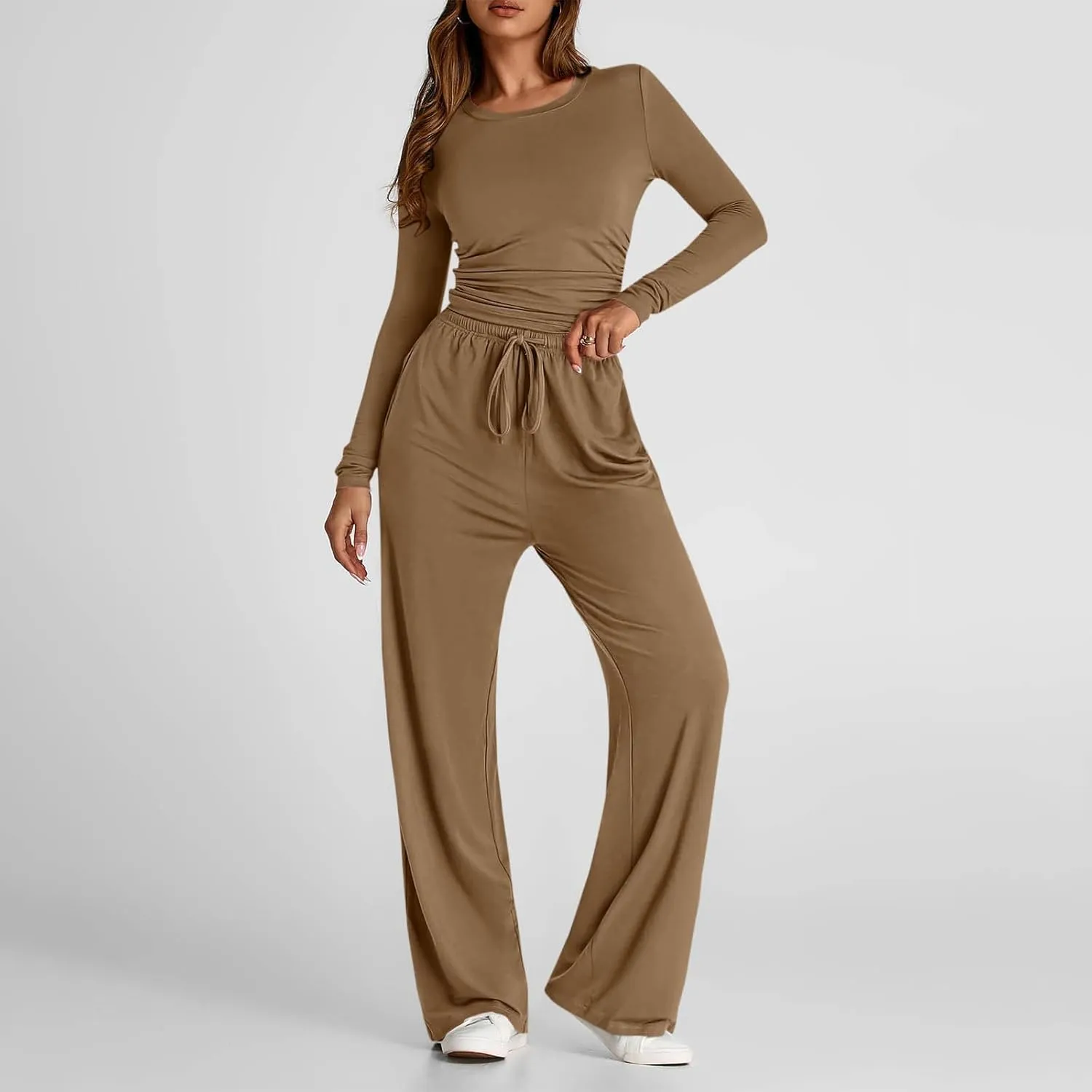 Women 2 Piece Lounge Sets Casual Knit Set Crew Neck Tops and Pants Set Baggy Yoga Loungewear Workout Athletic Outfits