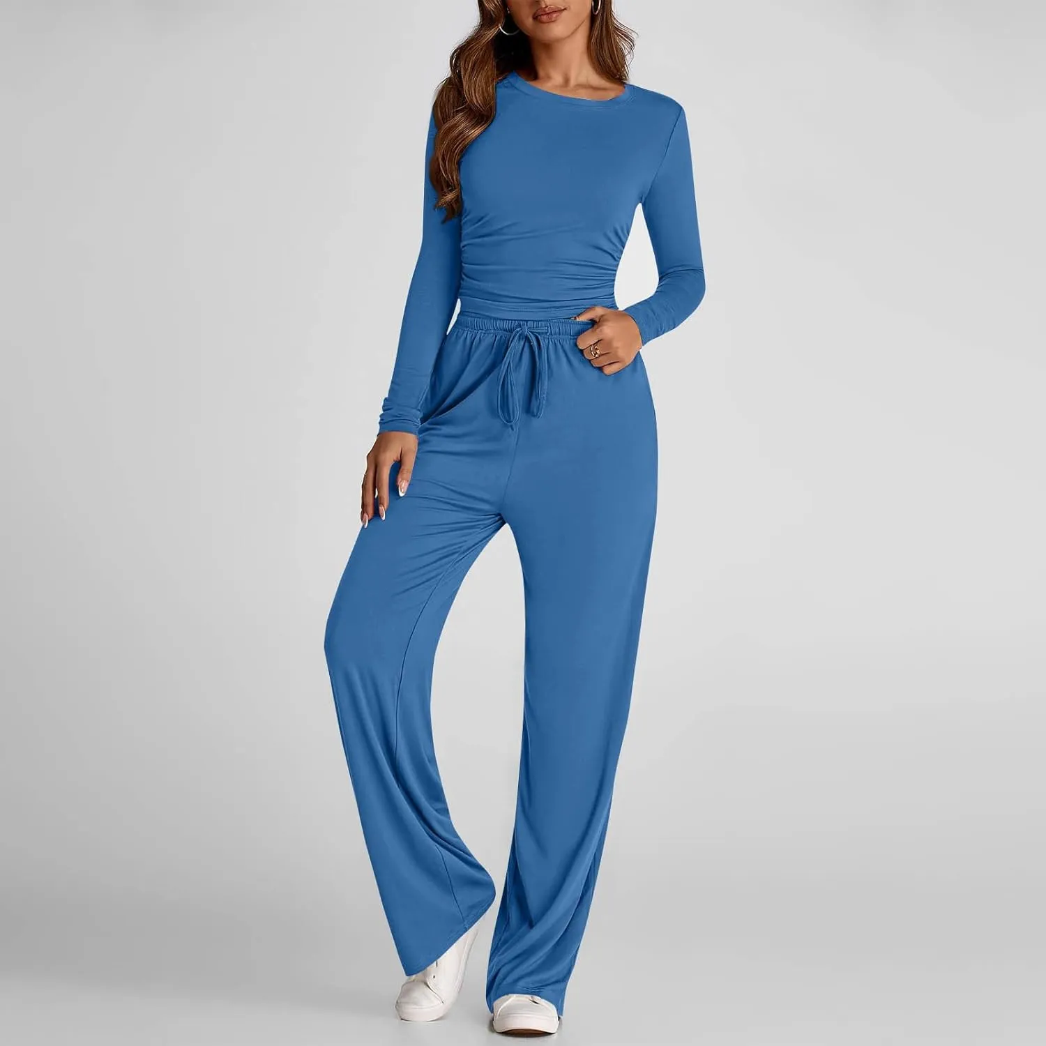 Women 2 Piece Lounge Sets Casual Knit Set Crew Neck Tops and Pants Set Baggy Yoga Loungewear Workout Athletic Outfits