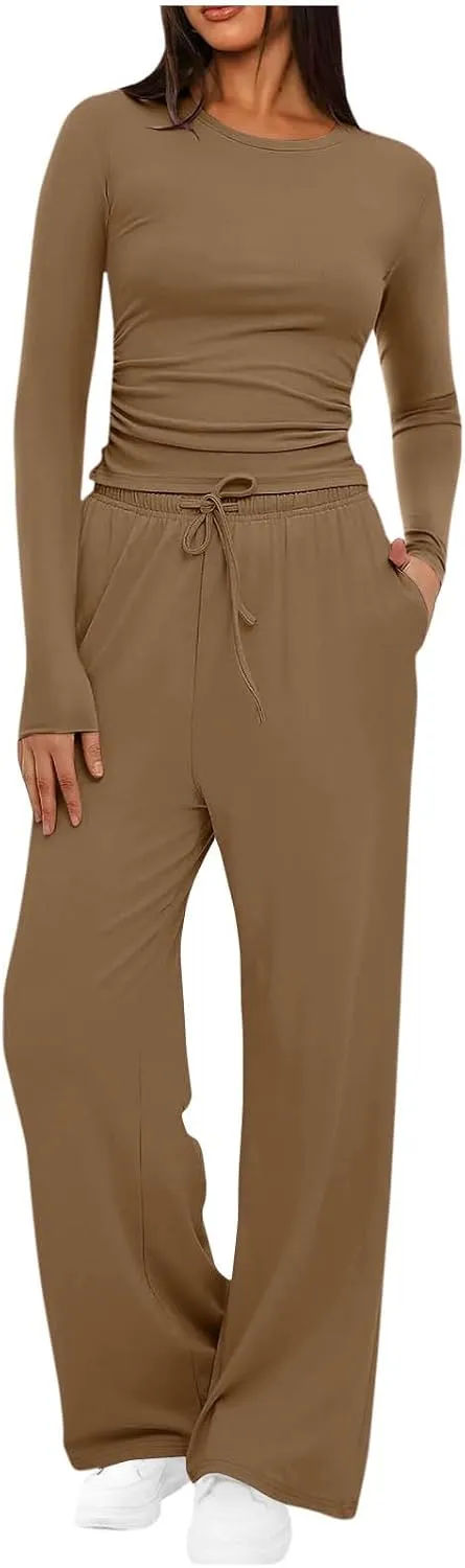 Women 2 Piece Lounge Sets Casual Knit Set Crew Neck Tops and Pants Set Baggy Yoga Loungewear Workout Athletic Outfits