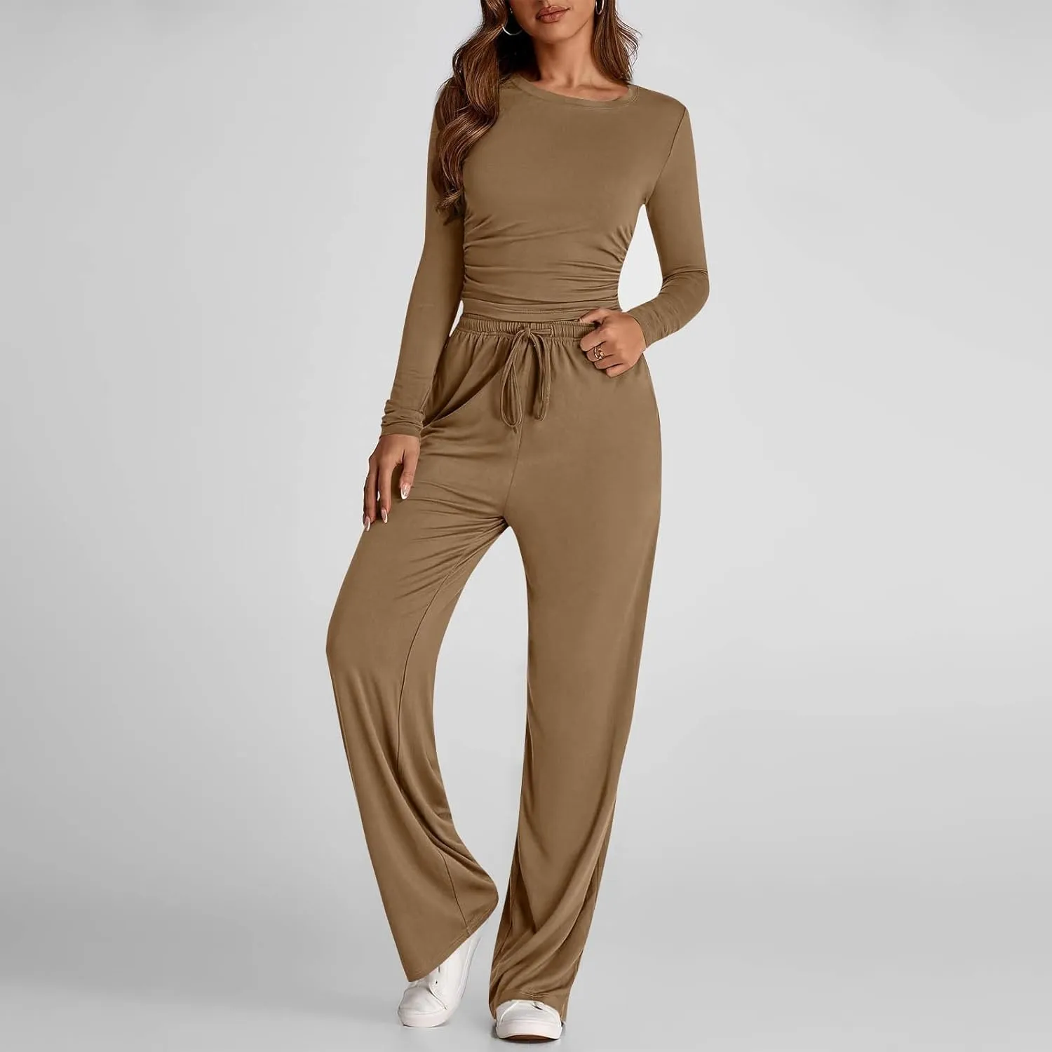 Women 2 Piece Lounge Sets Casual Knit Set Crew Neck Tops and Pants Set Baggy Yoga Loungewear Workout Athletic Outfits