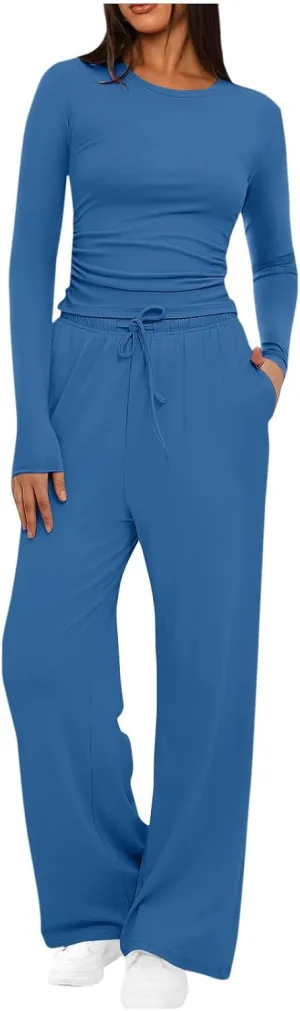 Women 2 Piece Lounge Sets Casual Knit Set Crew Neck Tops and Pants Set Baggy Yoga Loungewear Workout Athletic Outfits