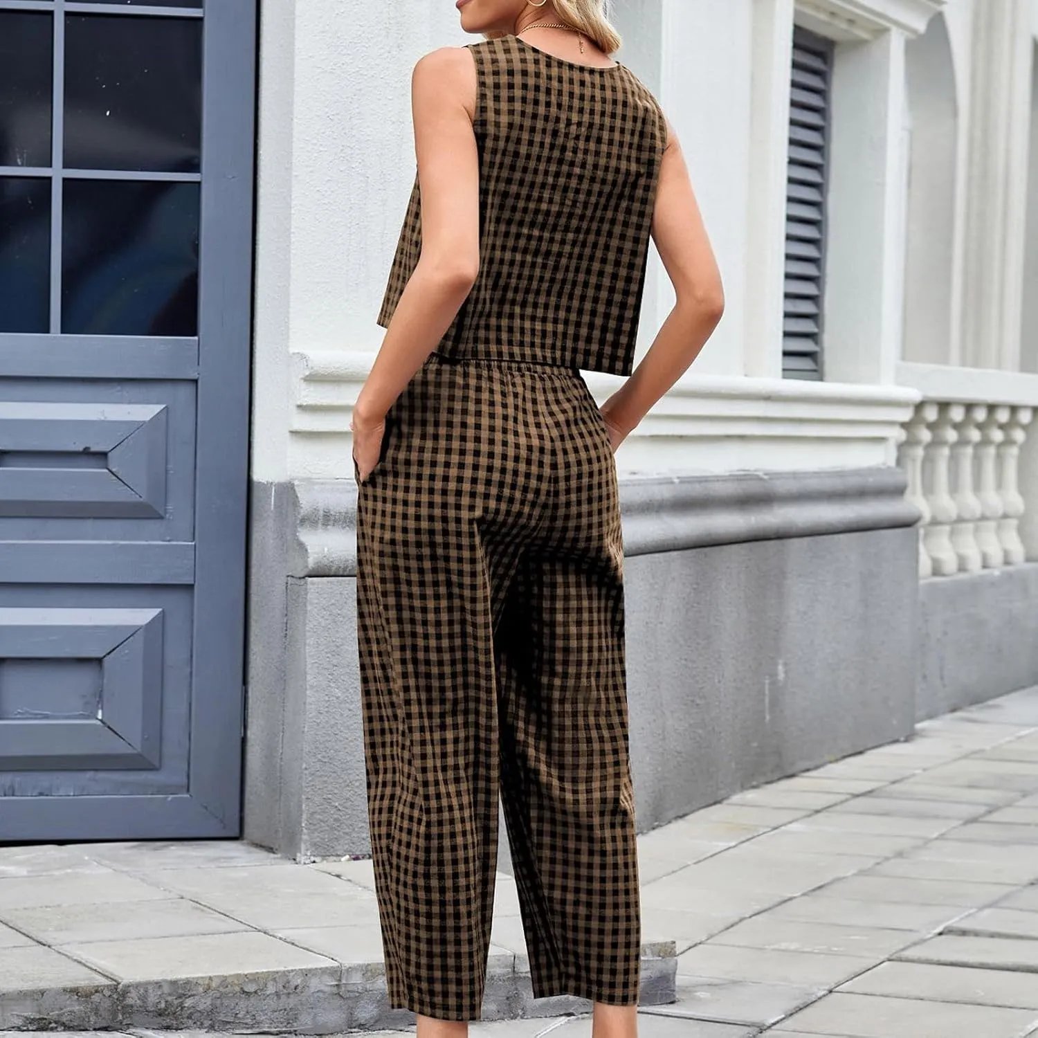 Women 2 Piece Outfit Summer Plaid Loungewear Sets Sleeveless Crop Tank Tops and High Waist Pant Set with Pocket