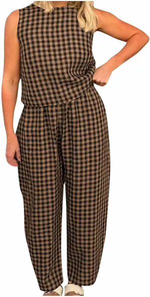 Women 2 Piece Outfit Summer Plaid Loungewear Sets Sleeveless Crop Tank Tops and High Waist Pant Set with Pocket