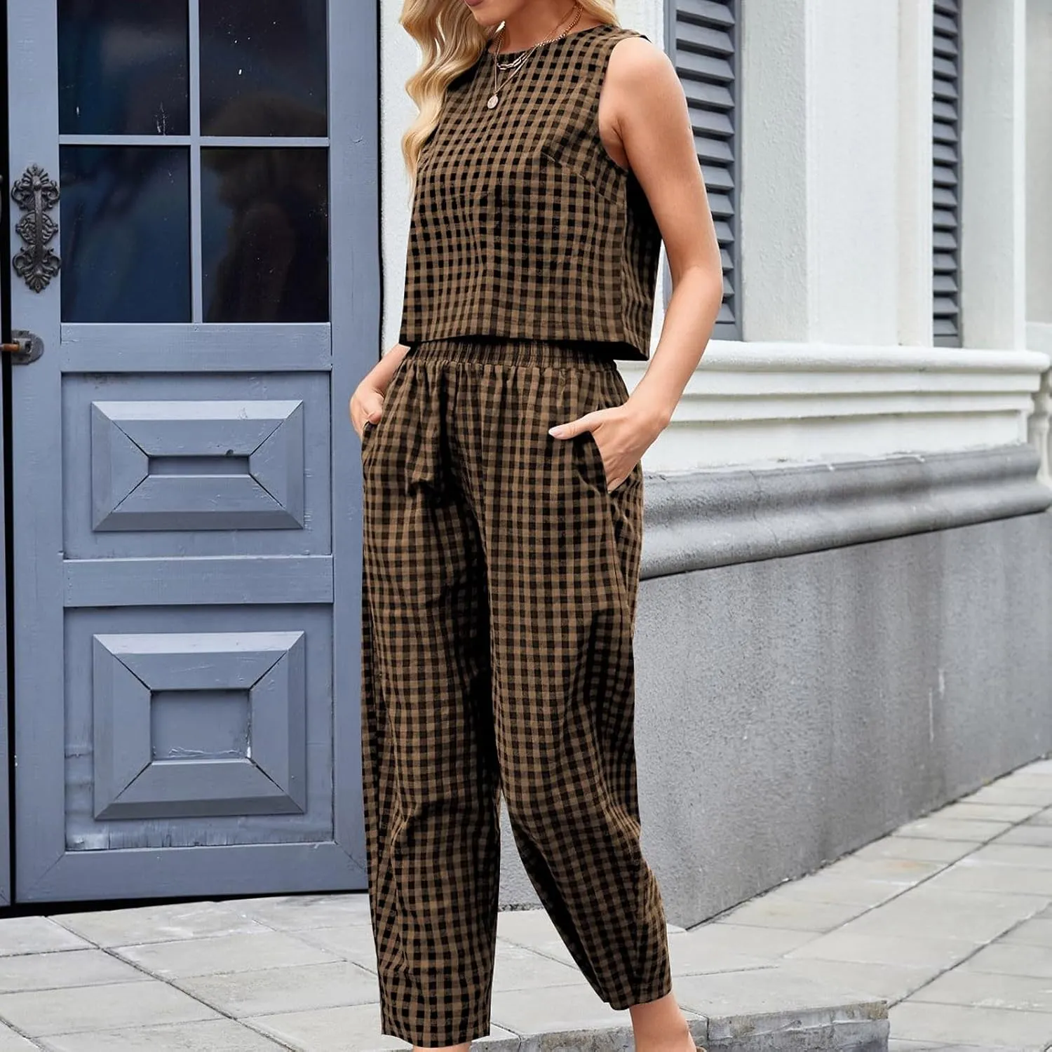 Women 2 Piece Outfit Summer Plaid Loungewear Sets Sleeveless Crop Tank Tops and High Waist Pant Set with Pocket