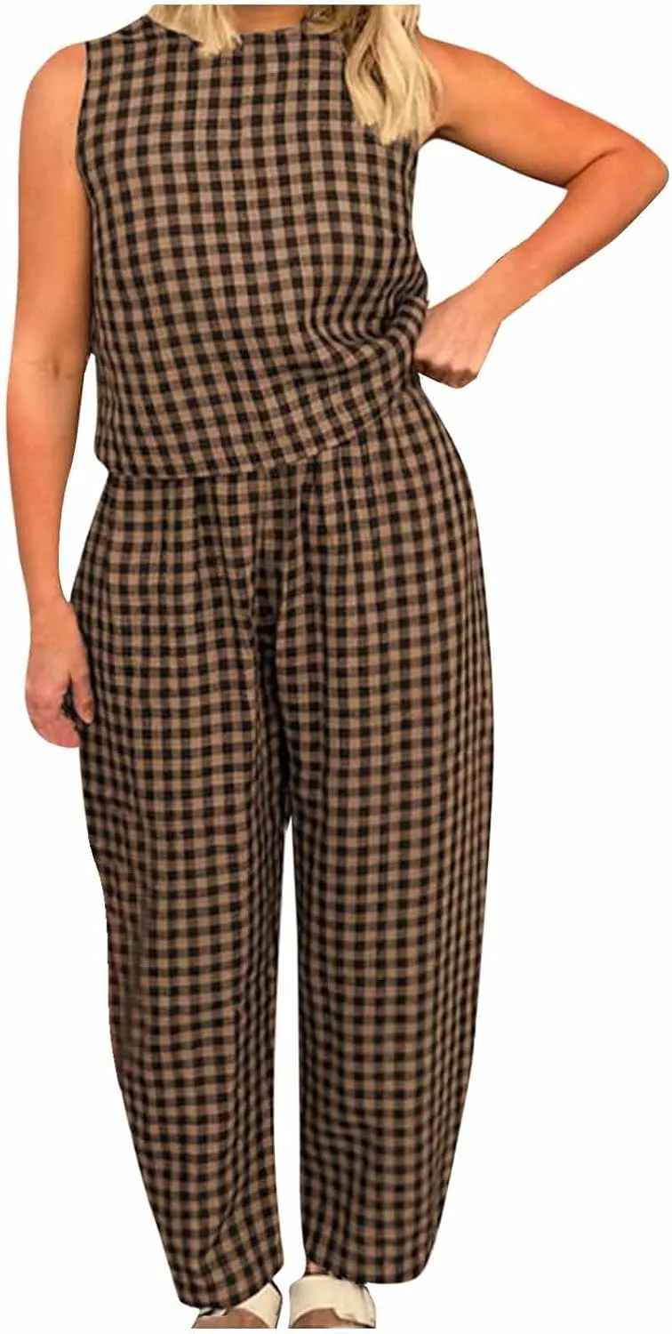 Women 2 Piece Outfit Summer Plaid Loungewear Sets Sleeveless Crop Tank Tops and High Waist Pant Set with Pocket