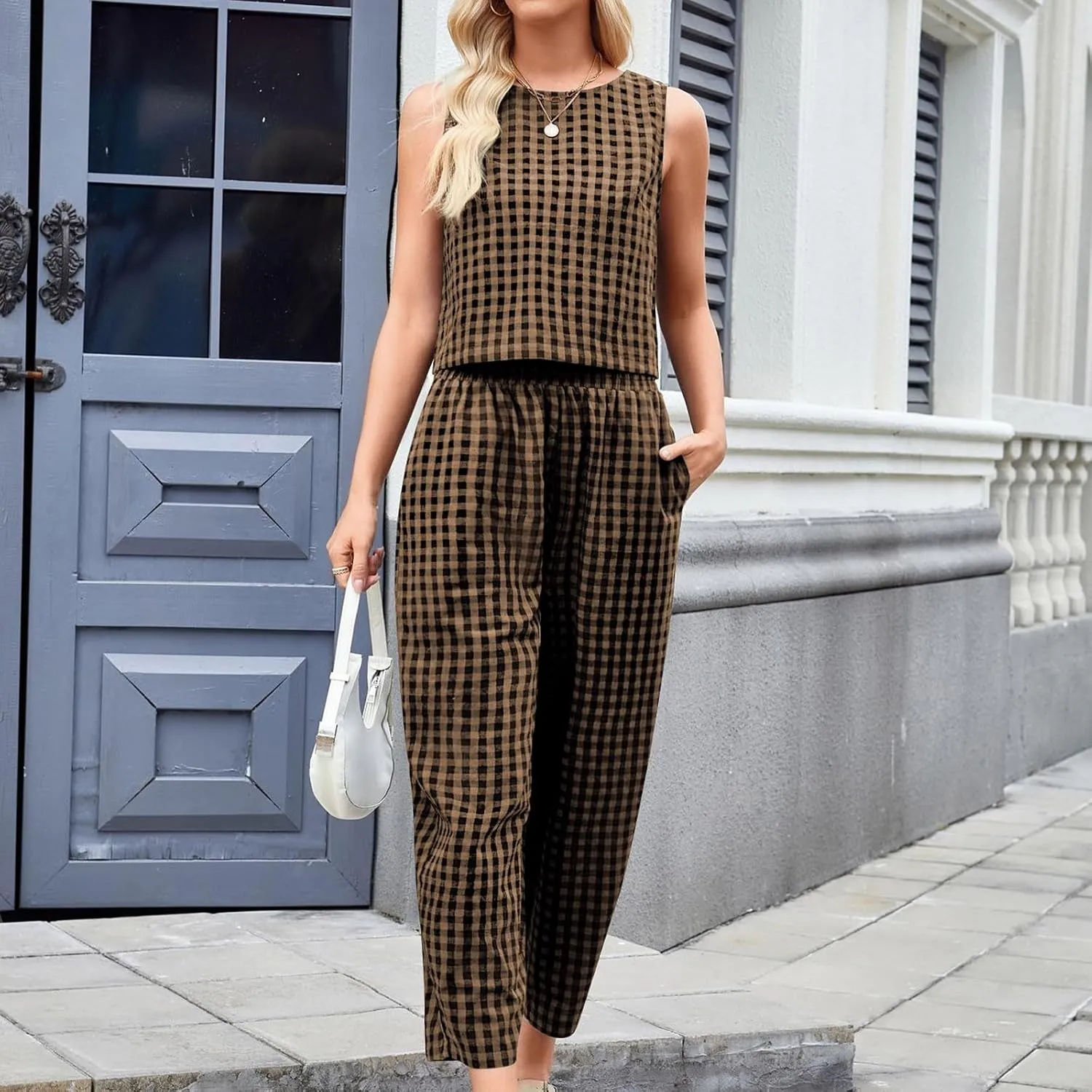 Women 2 Piece Outfit Summer Plaid Loungewear Sets Sleeveless Crop Tank Tops and High Waist Pant Set with Pocket