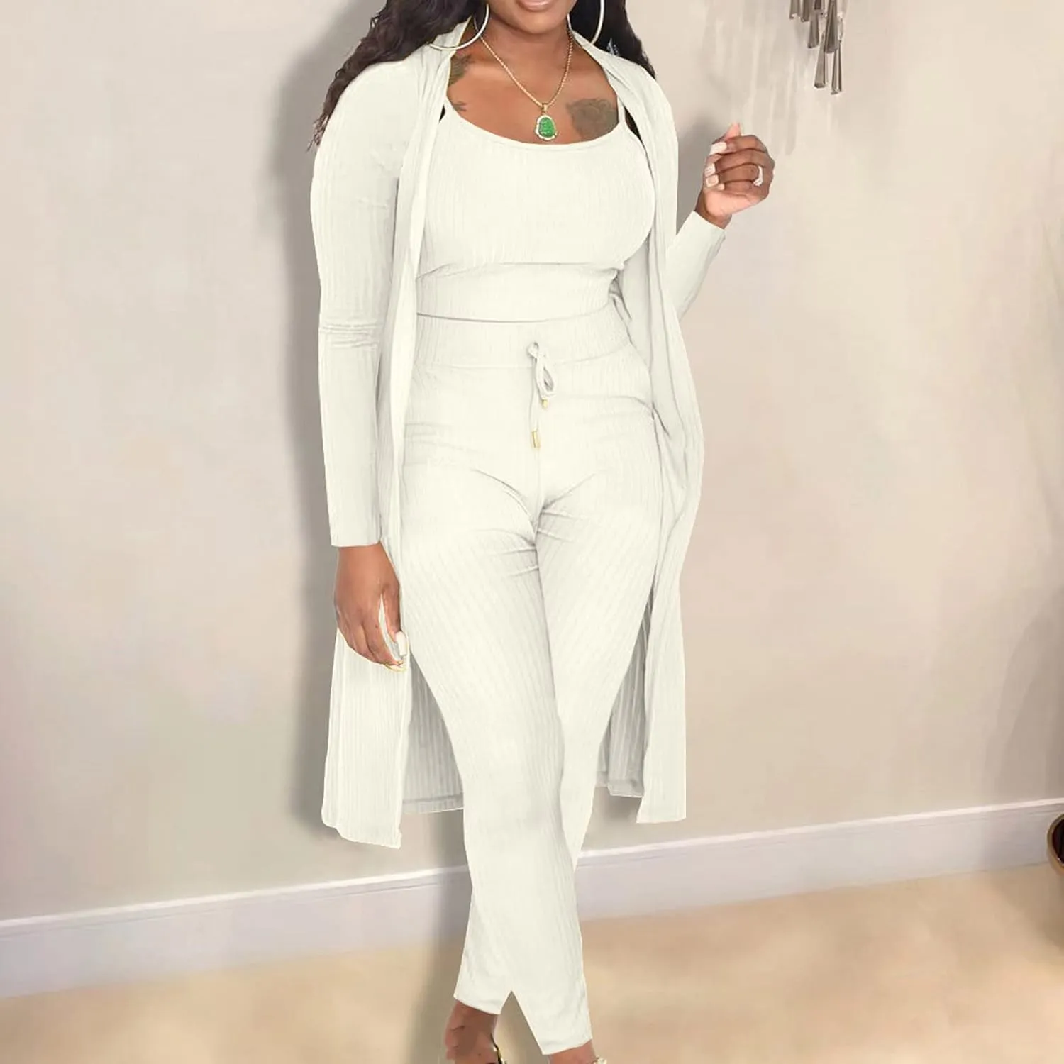 Women 3 Piece Sweatsuit Lounge Pajamas Set Winter Long Sleeve Cardigan Crop Tank Top Bodycon Pants Loungewear Sets