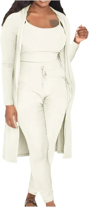 Women 3 Piece Sweatsuit Lounge Pajamas Set Winter Long Sleeve Cardigan Crop Tank Top Bodycon Pants Loungewear Sets