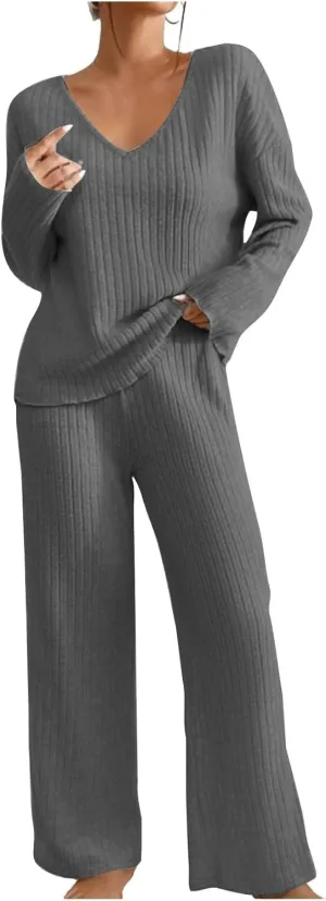 Women Casual Knit Loungewear Sets Trendy V Neck Long Sleeve Pullover Sweater and Elastic Waist Soft Pant Lounge Suit