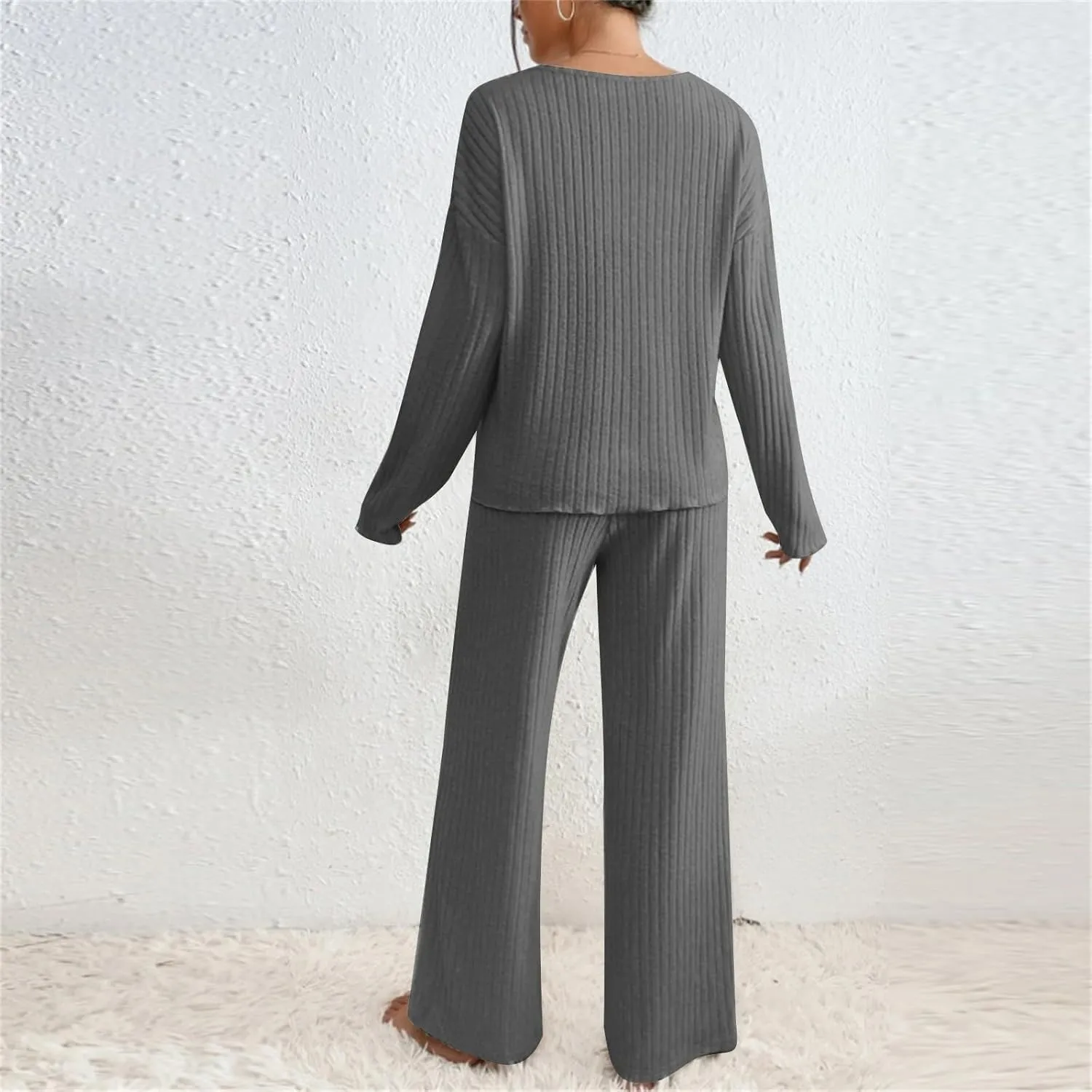 Women Casual Knit Loungewear Sets Trendy V Neck Long Sleeve Pullover Sweater and Elastic Waist Soft Pant Lounge Suit