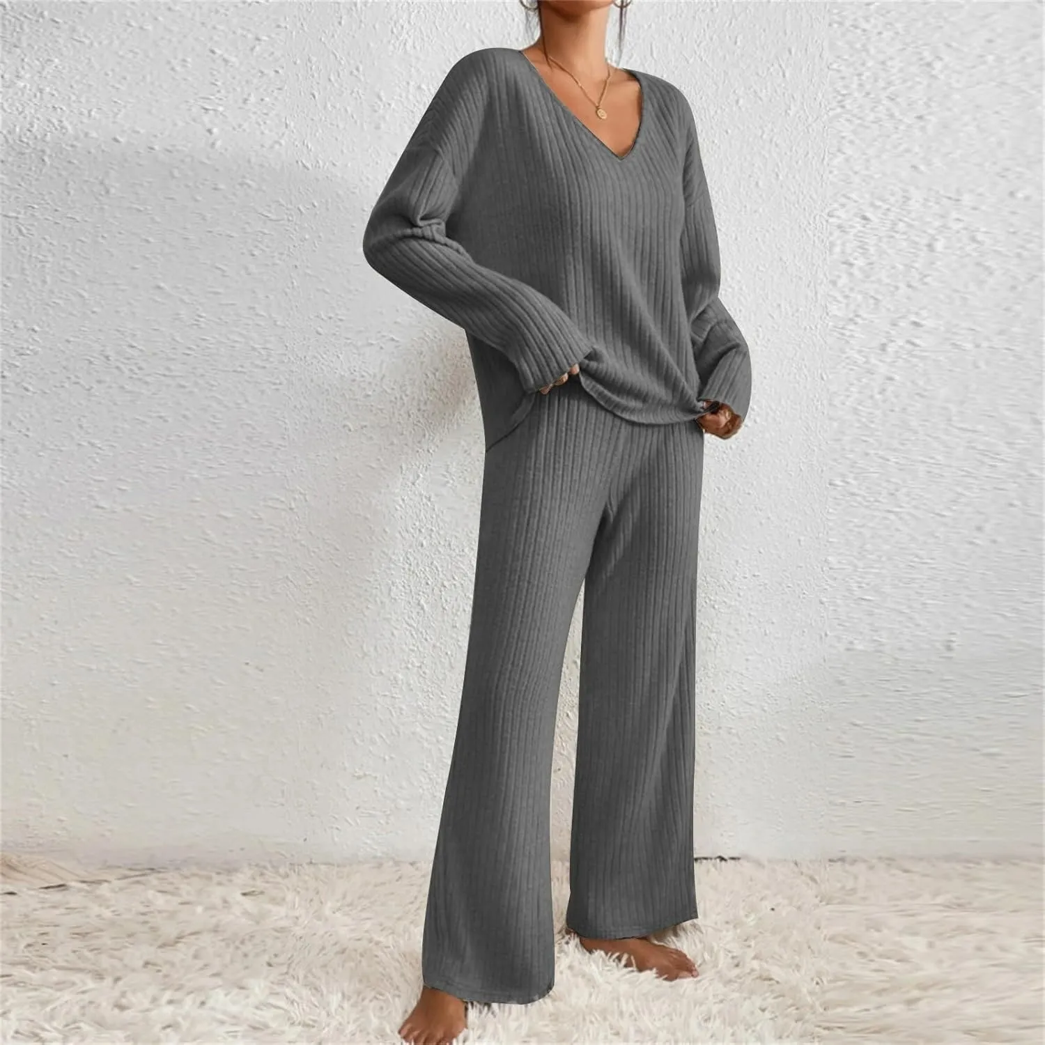 Women Casual Knit Loungewear Sets Trendy V Neck Long Sleeve Pullover Sweater and Elastic Waist Soft Pant Lounge Suit