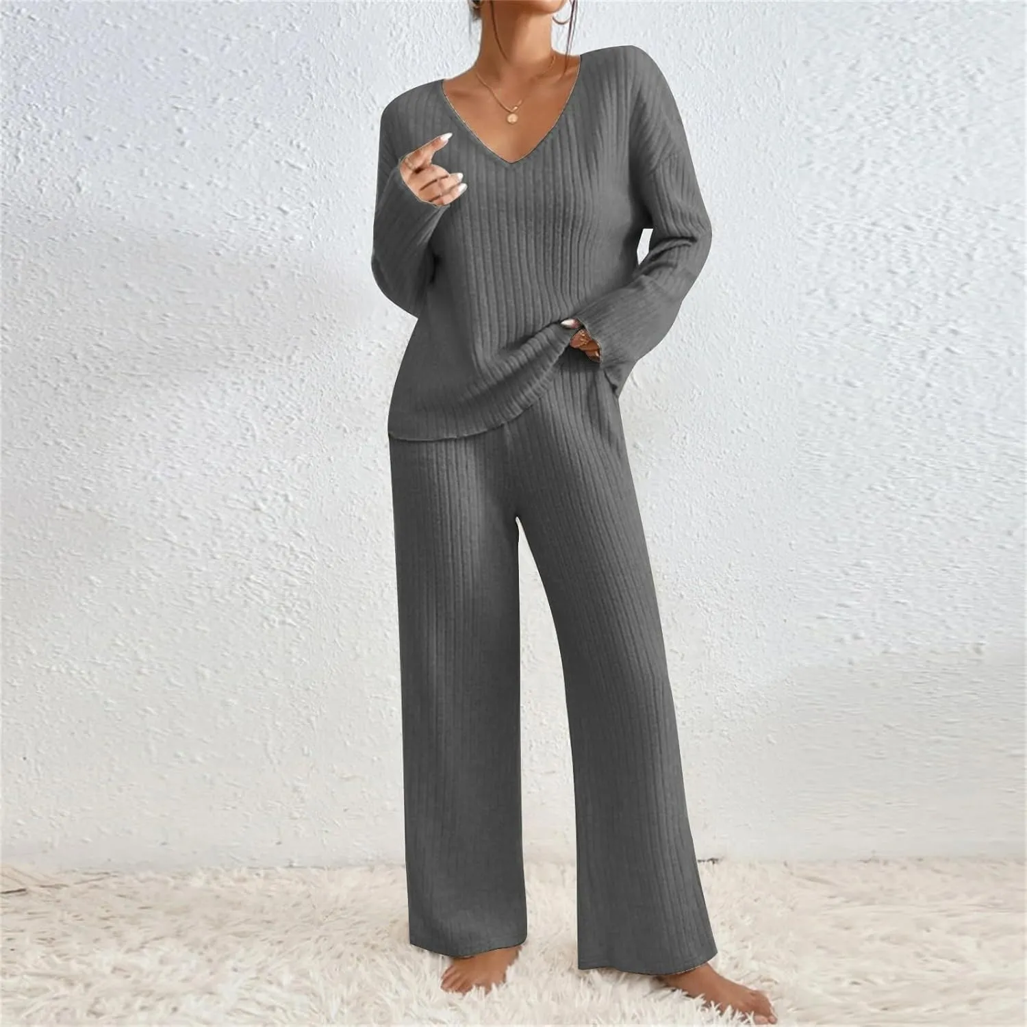 Women Casual Knit Loungewear Sets Trendy V Neck Long Sleeve Pullover Sweater and Elastic Waist Soft Pant Lounge Suit