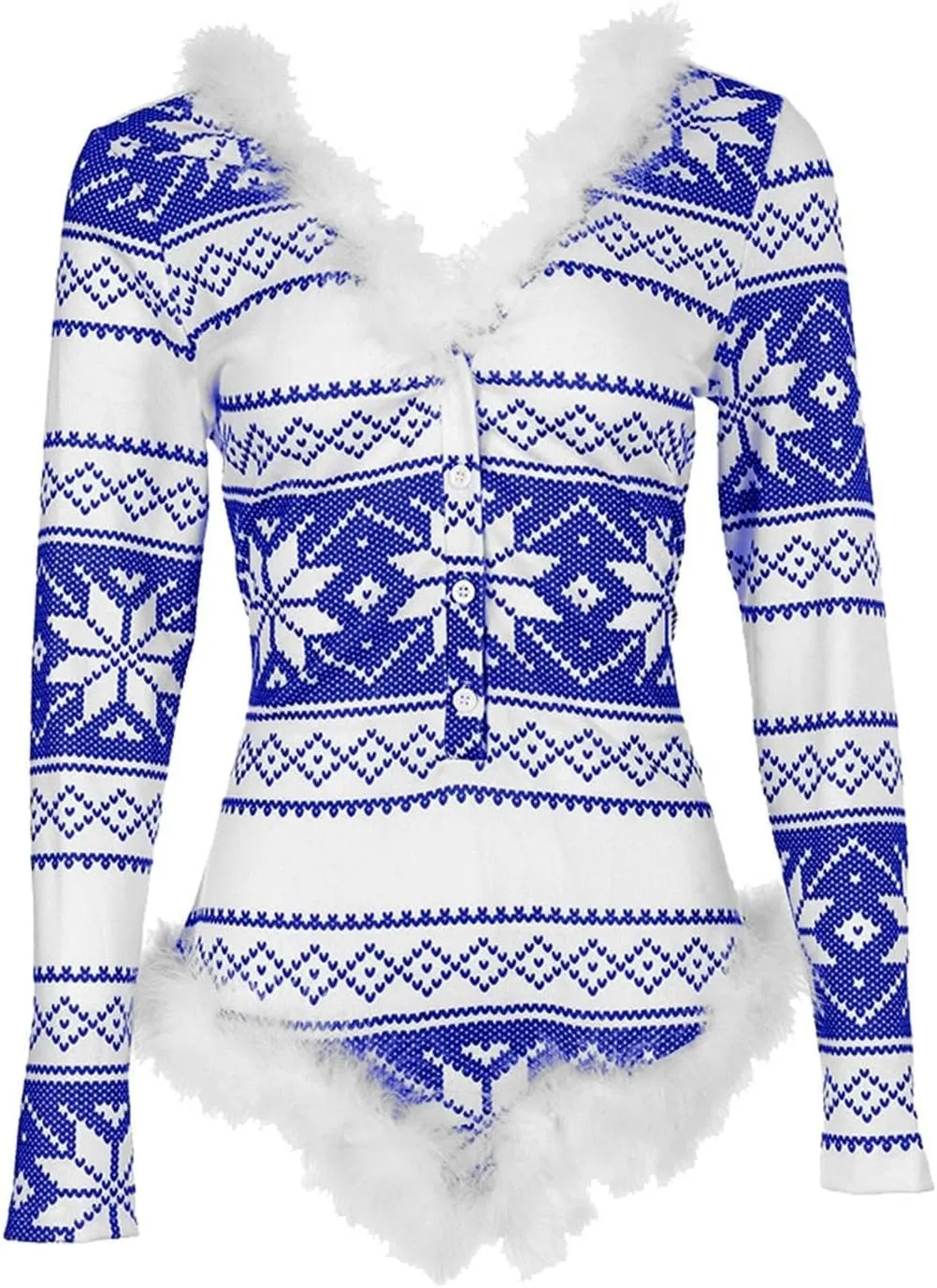 Women Christmas Fuzzy Bodysuit Sexy Bodycon Pajama Deep V Neck Feather Trim Xmas Printed Long Sleeve Onesie Sleepwear
