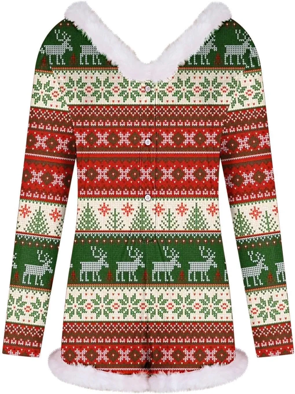 Women Christmas Fuzzy Bodysuit Sexy Bodycon Pajama Deep V Neck Feather Trim Xmas Printed Long Sleeve Onesie Sleepwear