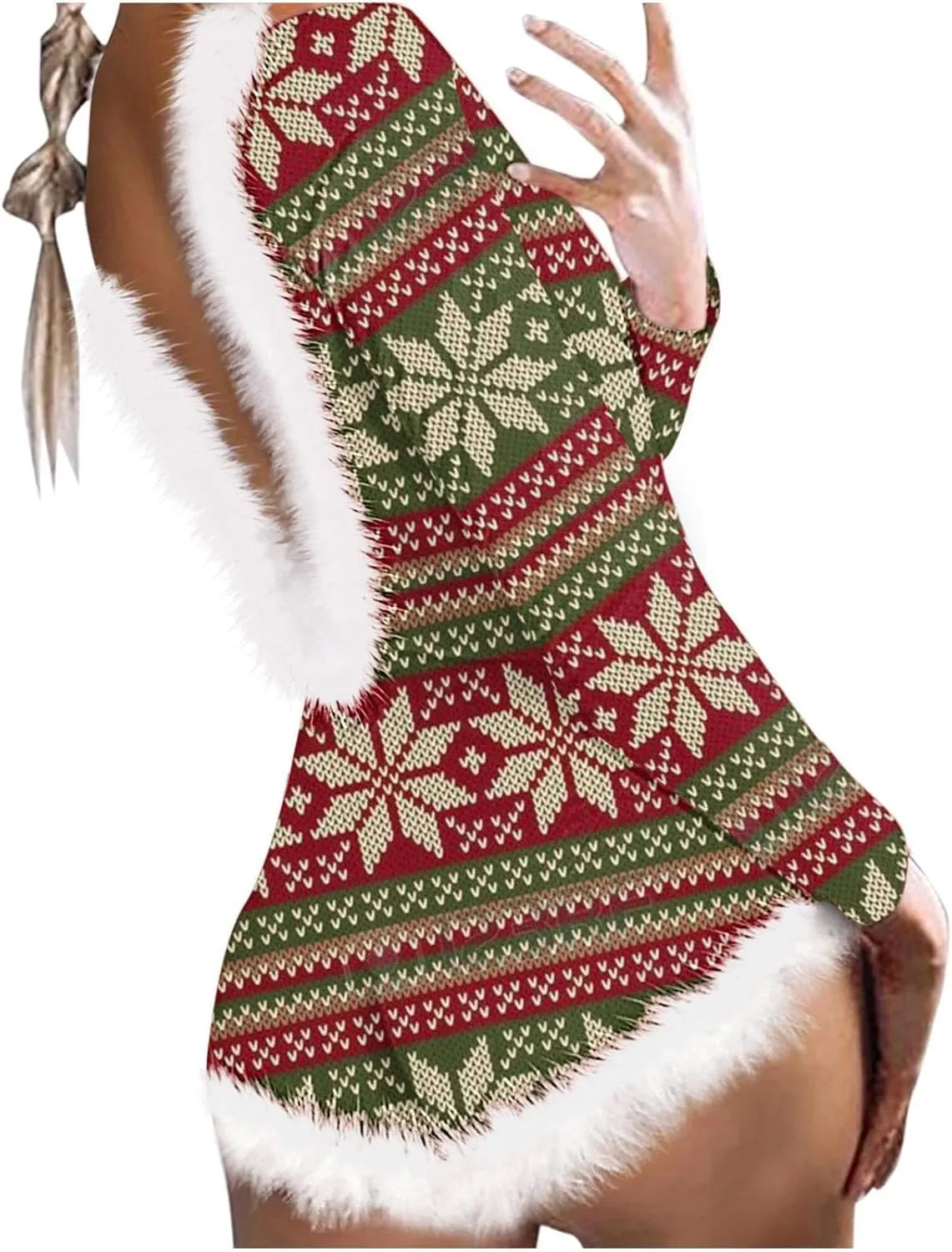 Women Christmas Fuzzy Bodysuit Sexy Bodycon Pajama Deep V Neck Feather Trim Xmas Printed Long Sleeve Onesie Sleepwear