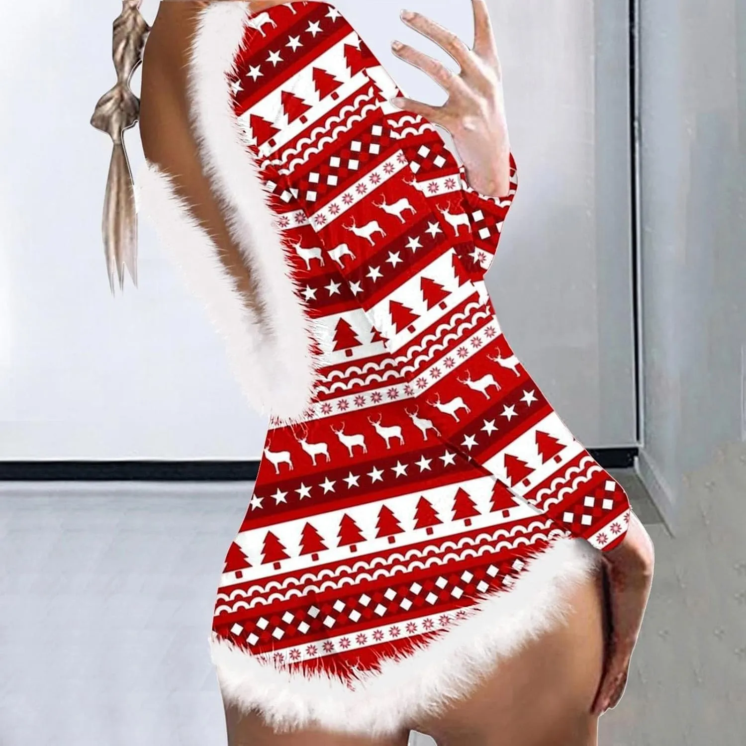 Women Christmas Fuzzy Bodysuit Sexy Bodycon Pajama Deep V Neck Feather Trim Xmas Printed Long Sleeve Onesie Sleepwear