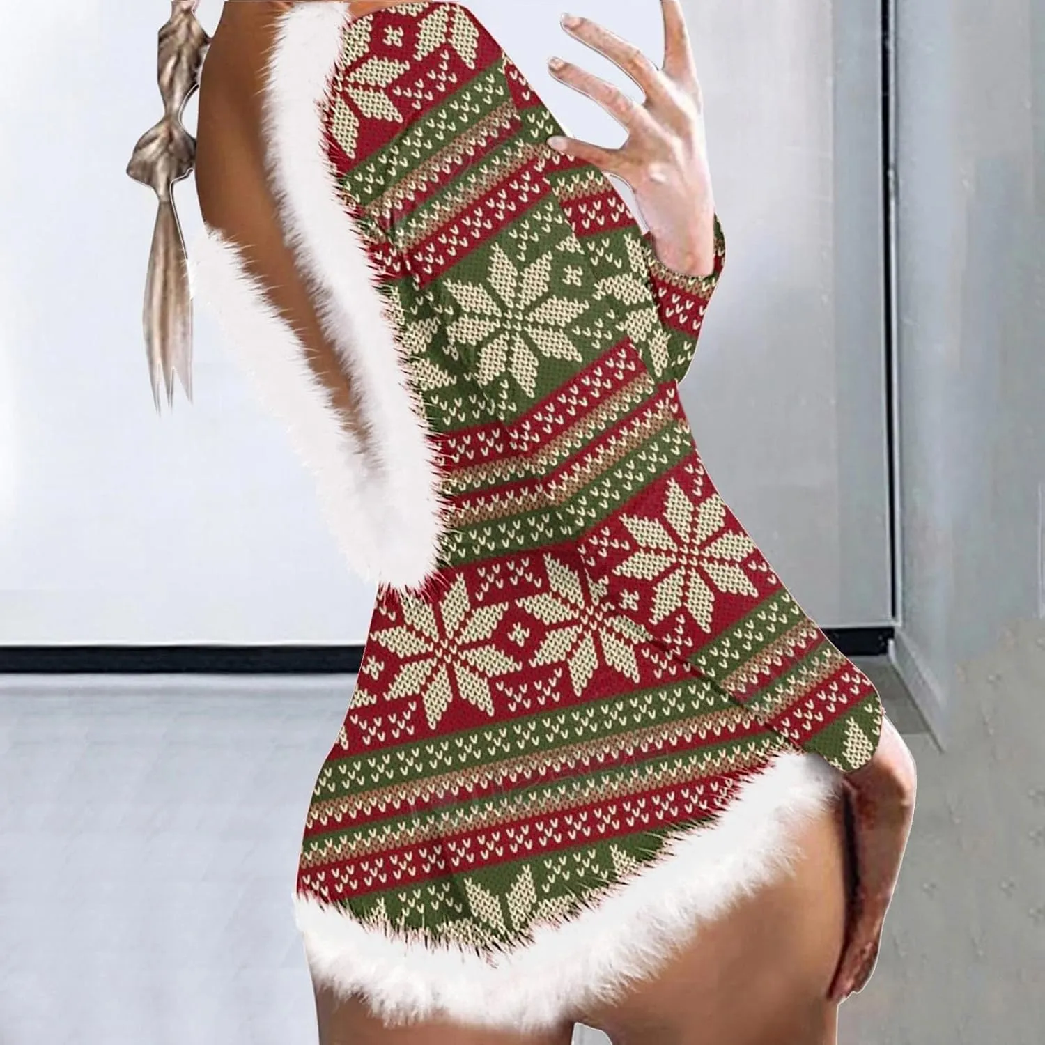 Women Christmas Fuzzy Bodysuit Sexy Bodycon Pajama Deep V Neck Feather Trim Xmas Printed Long Sleeve Onesie Sleepwear