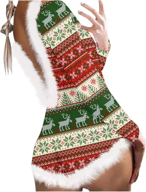 Women Christmas Fuzzy Bodysuit Sexy Bodycon Pajama Deep V Neck Feather Trim Xmas Printed Long Sleeve Onesie Sleepwear