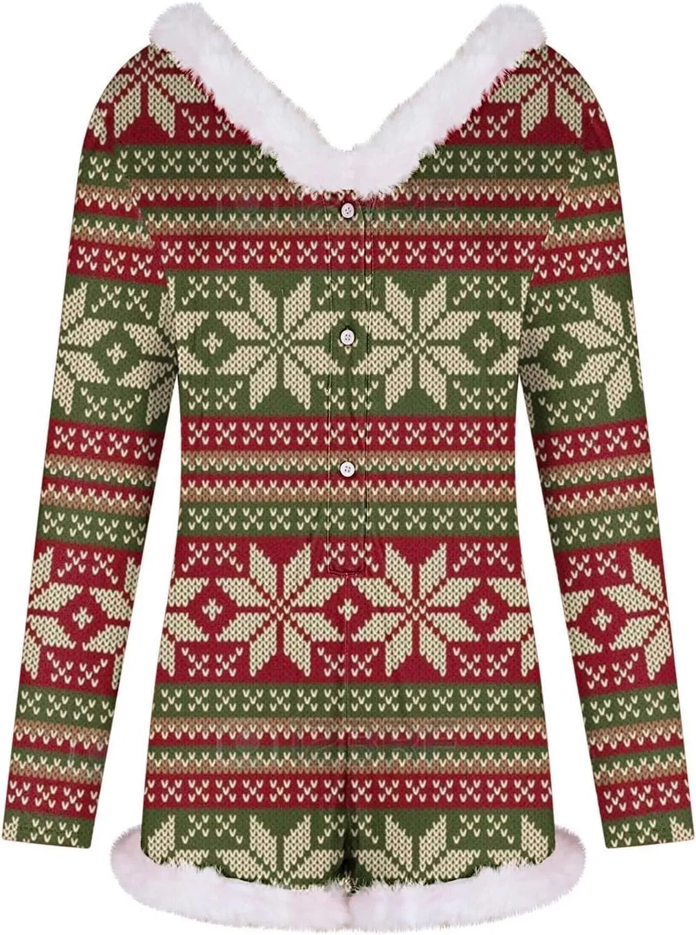 Women Christmas Fuzzy Bodysuit Sexy Bodycon Pajama Deep V Neck Feather Trim Xmas Printed Long Sleeve Onesie Sleepwear