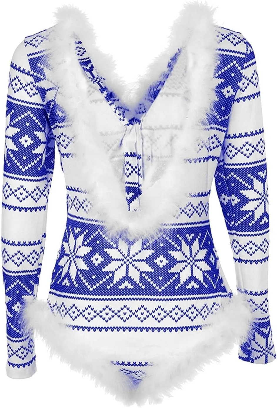 Women Christmas Fuzzy Bodysuit Sexy Bodycon Pajama Deep V Neck Feather Trim Xmas Printed Long Sleeve Onesie Sleepwear