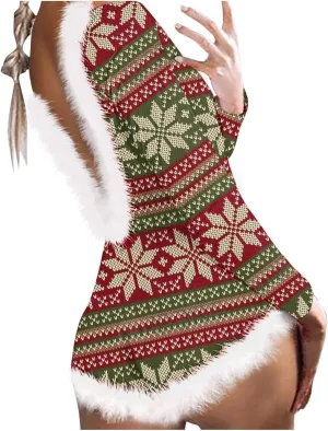 Women Christmas Fuzzy Bodysuit Sexy Bodycon Pajama Deep V Neck Feather Trim Xmas Printed Long Sleeve Onesie Sleepwear