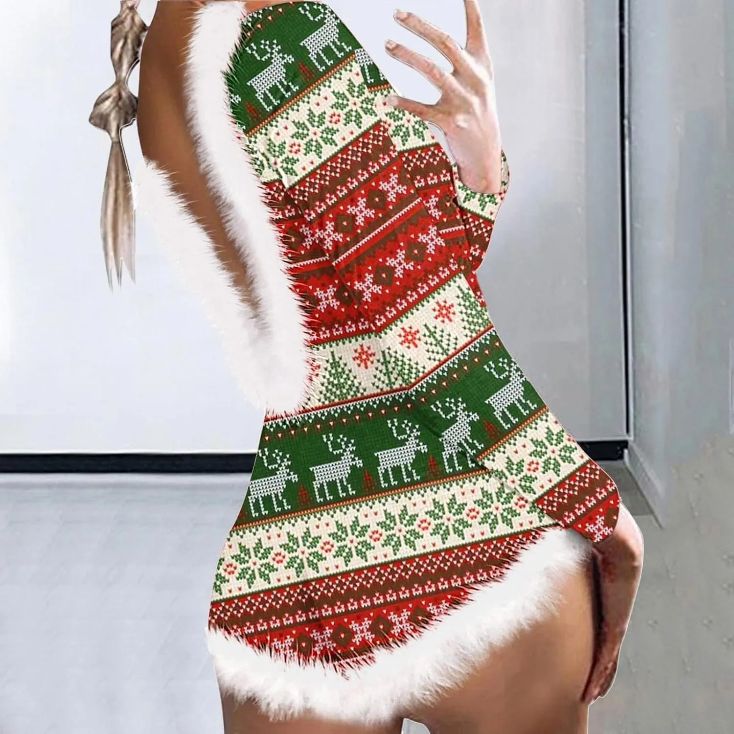 Women Christmas Fuzzy Bodysuit Sexy Bodycon Pajama Deep V Neck Feather Trim Xmas Printed Long Sleeve Onesie Sleepwear