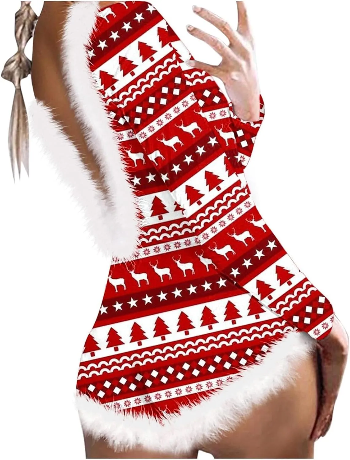 Women Christmas Fuzzy Bodysuit Sexy Bodycon Pajama Deep V Neck Feather Trim Xmas Printed Long Sleeve Onesie Sleepwear