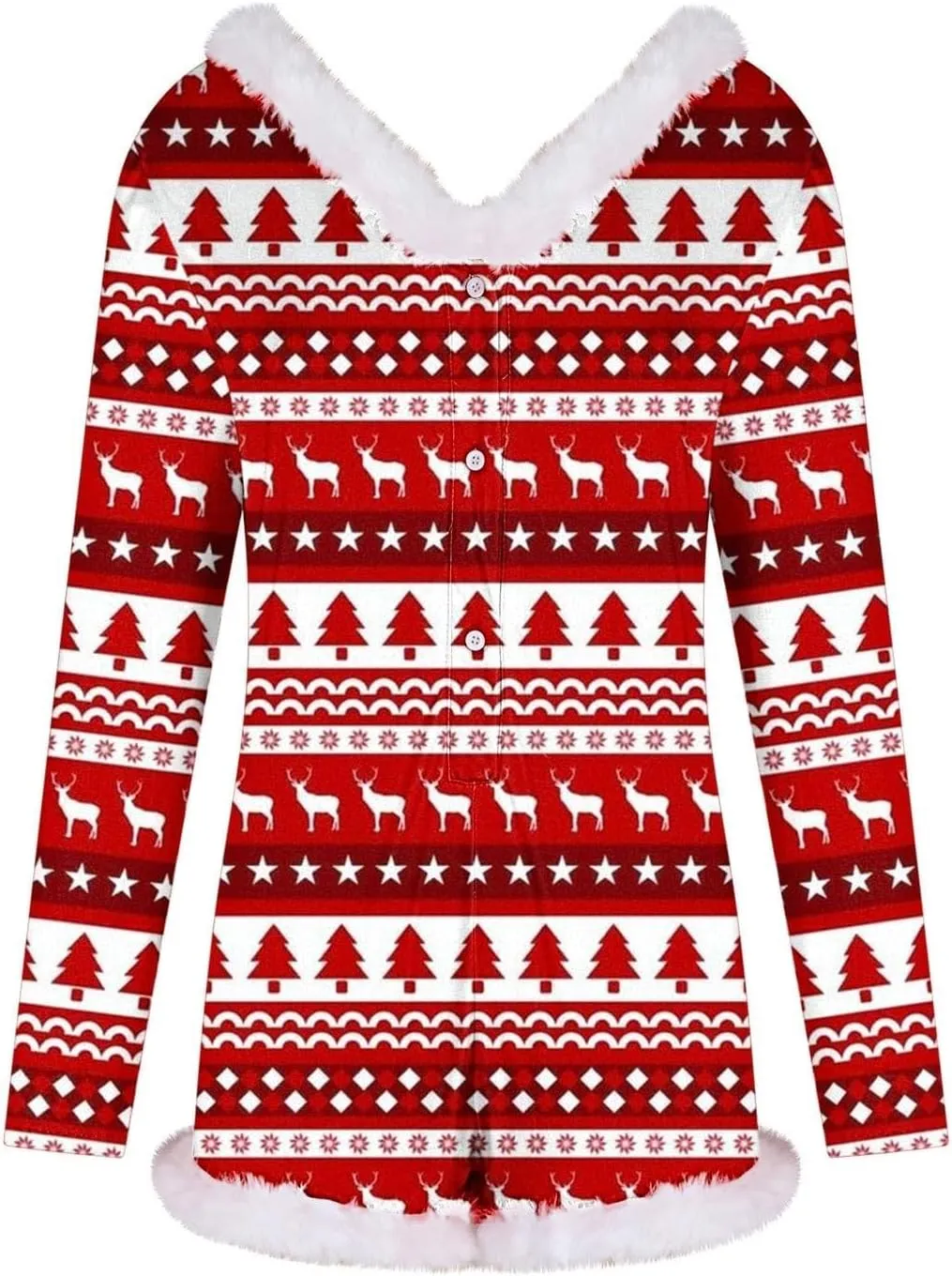 Women Christmas Fuzzy Bodysuit Sexy Bodycon Pajama Deep V Neck Feather Trim Xmas Printed Long Sleeve Onesie Sleepwear