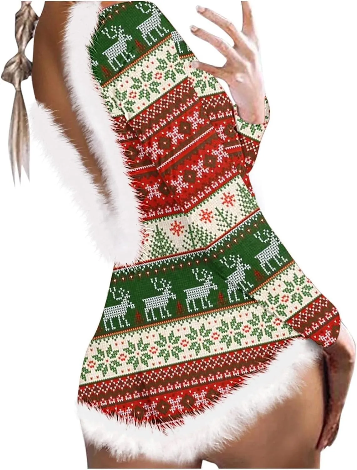 Women Christmas Fuzzy Bodysuit Sexy Bodycon Pajama Deep V Neck Feather Trim Xmas Printed Long Sleeve Onesie Sleepwear