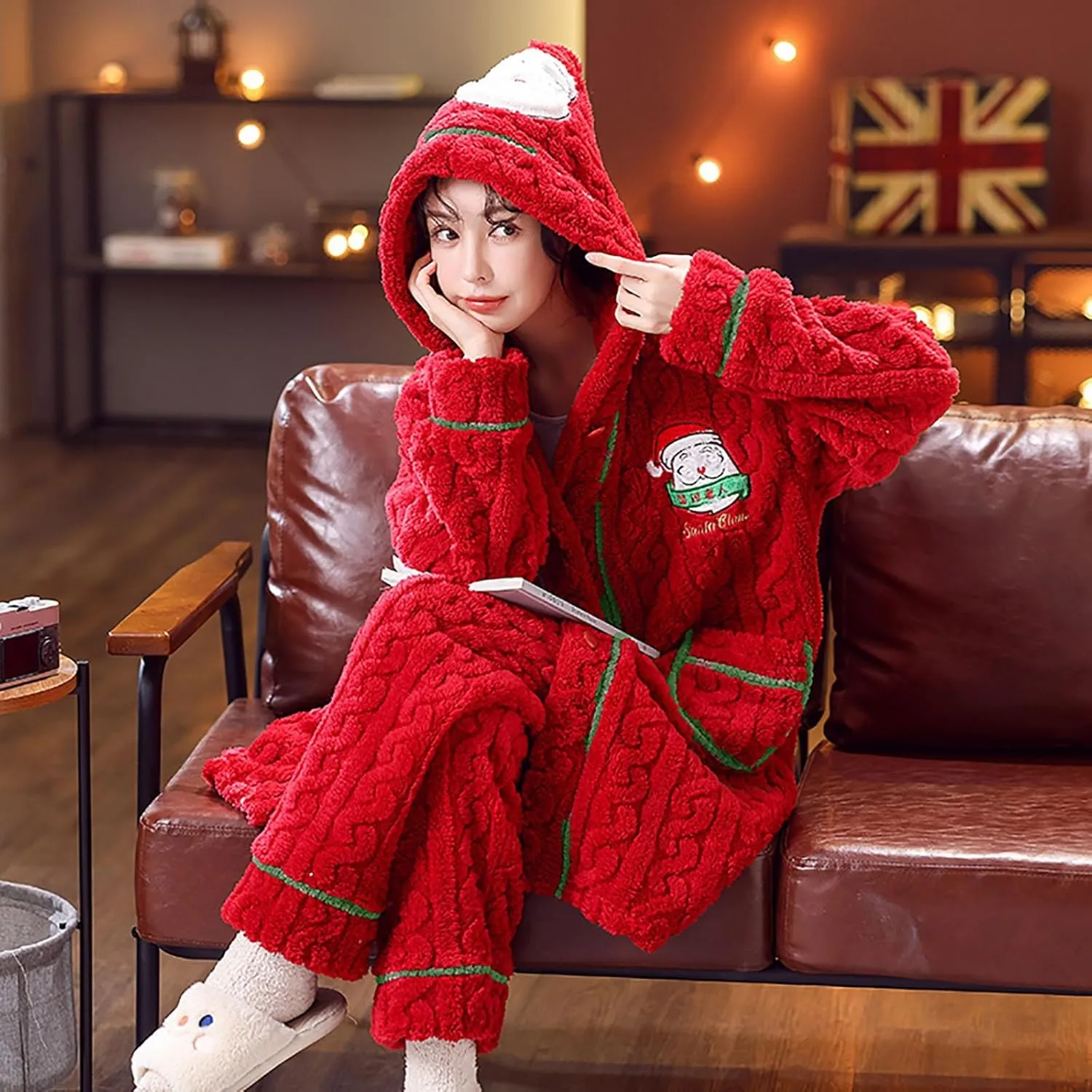 Women Christmas Pajamas Set Sherpa Fleece Santa Hooded Cardigan Coat Long Pockets Bathrobe Housecoat with Pants Lounge Set