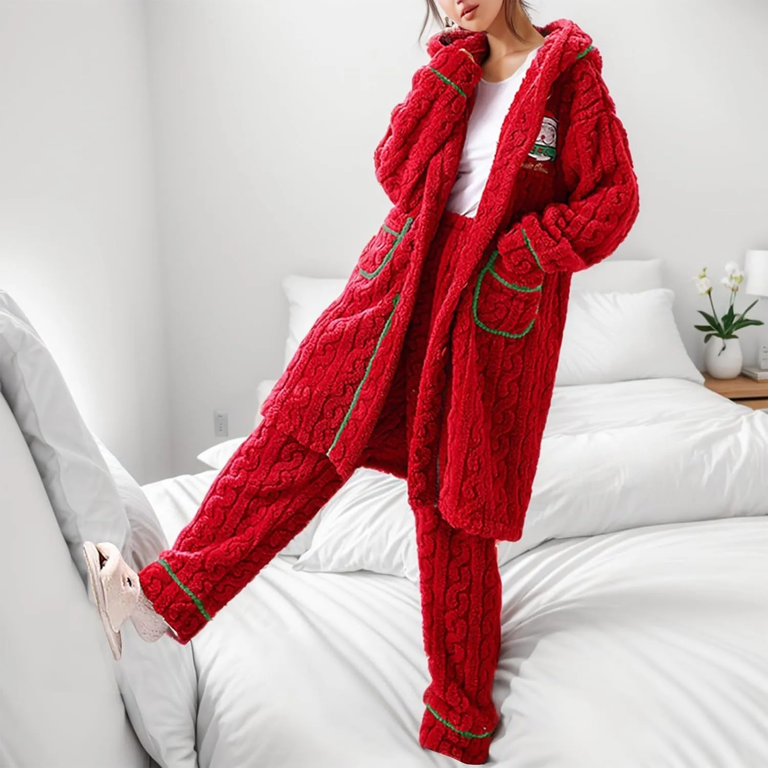 Women Christmas Pajamas Set Sherpa Fleece Santa Hooded Cardigan Coat Long Pockets Bathrobe Housecoat with Pants Lounge Set
