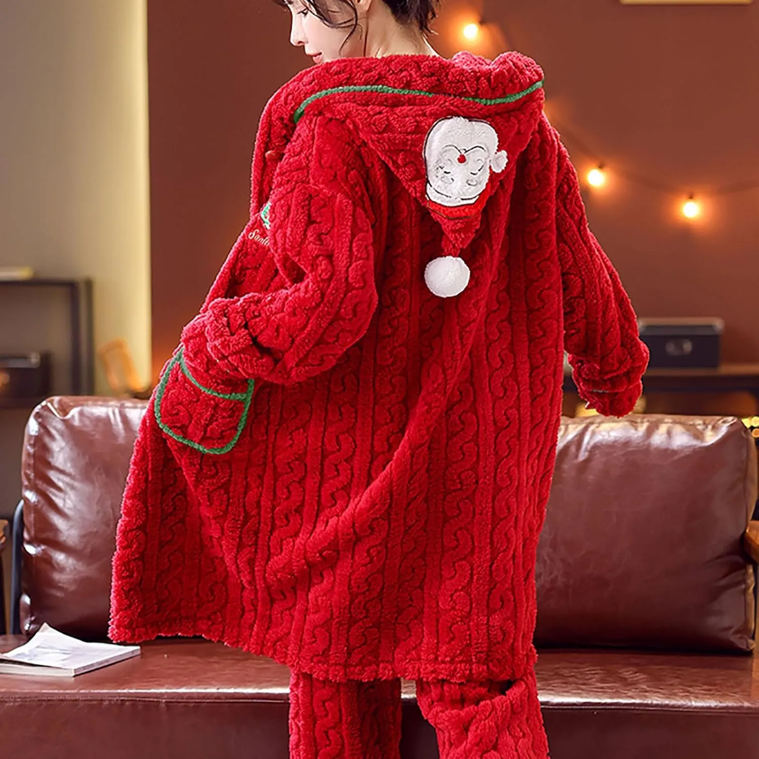 Women Christmas Pajamas Set Sherpa Fleece Santa Hooded Cardigan Coat Long Pockets Bathrobe Housecoat with Pants Lounge Set