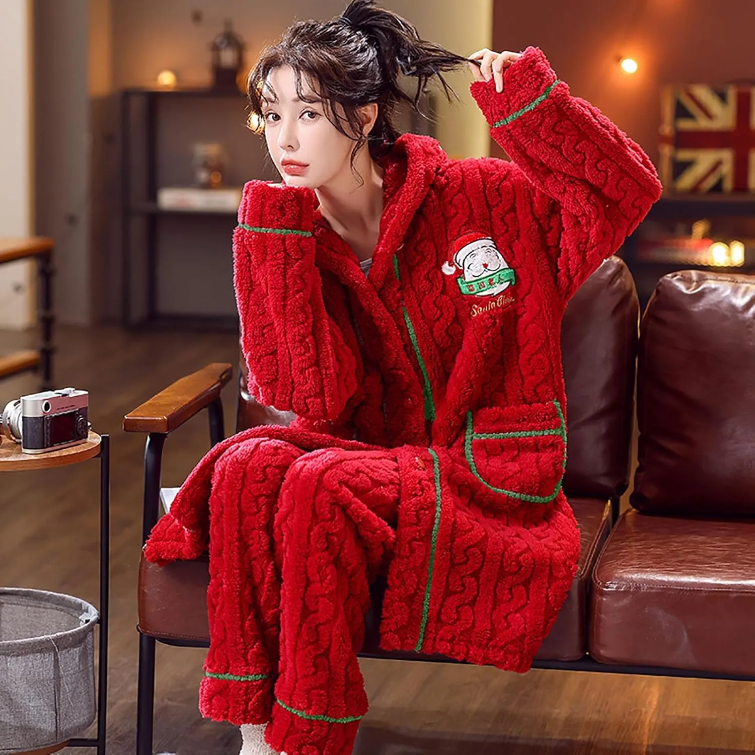 Women Christmas Pajamas Set Sherpa Fleece Santa Hooded Cardigan Coat Long Pockets Bathrobe Housecoat with Pants Lounge Set