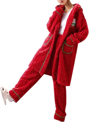 Women Christmas Pajamas Set Sherpa Fleece Santa Hooded Cardigan Coat Long Pockets Bathrobe Housecoat with Pants Lounge Set