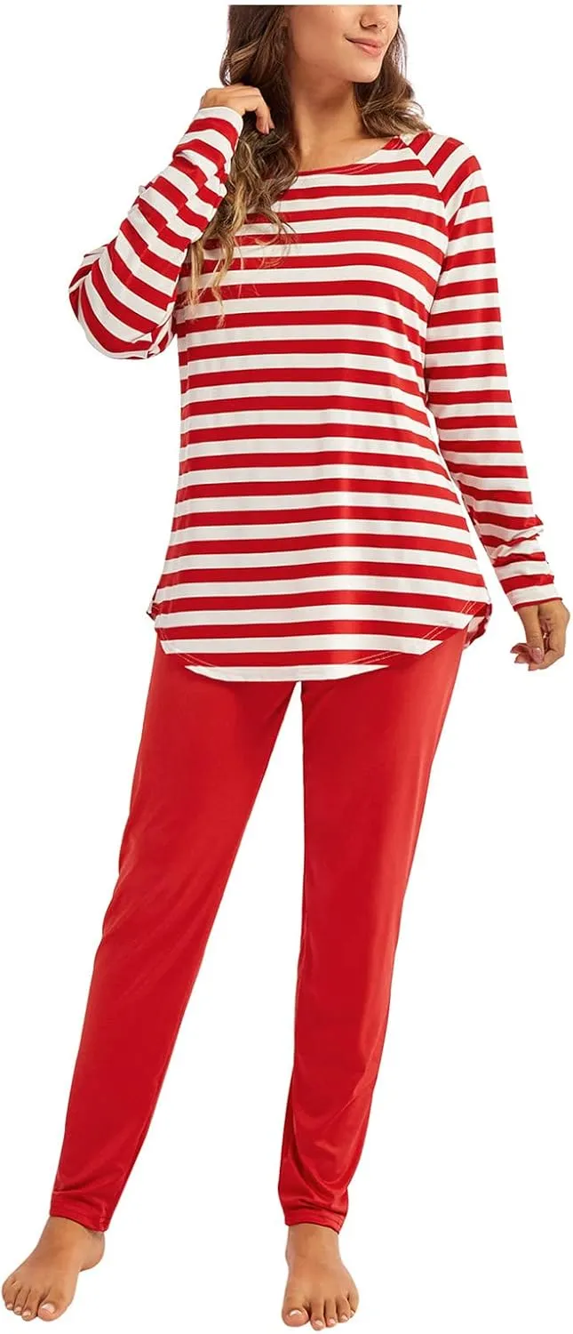 Women Cute Christmas Pajamas Sets Women's Striped Pajama Set Long Sleeve Tops and Pants Jogging Long Sleeve